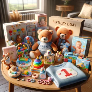 A highly realistic photograph taken with an iPhone 15, showcasing a selection of birthday gifts for a one-year-old baby. The scene includes educational
